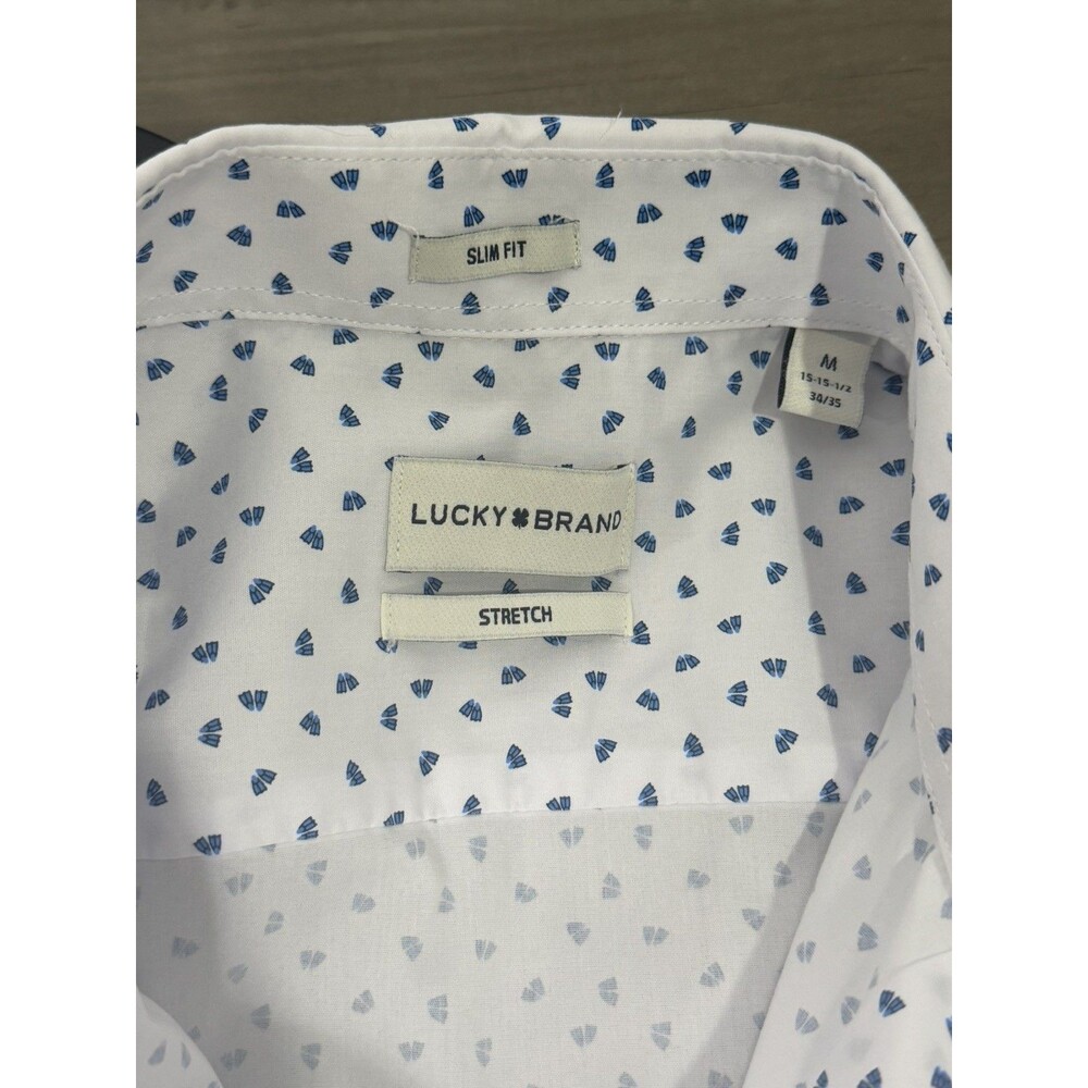 Lucky Brand Mens Dress Shirt Medium Slim Fit White Geometric Pattern Long Sleeve